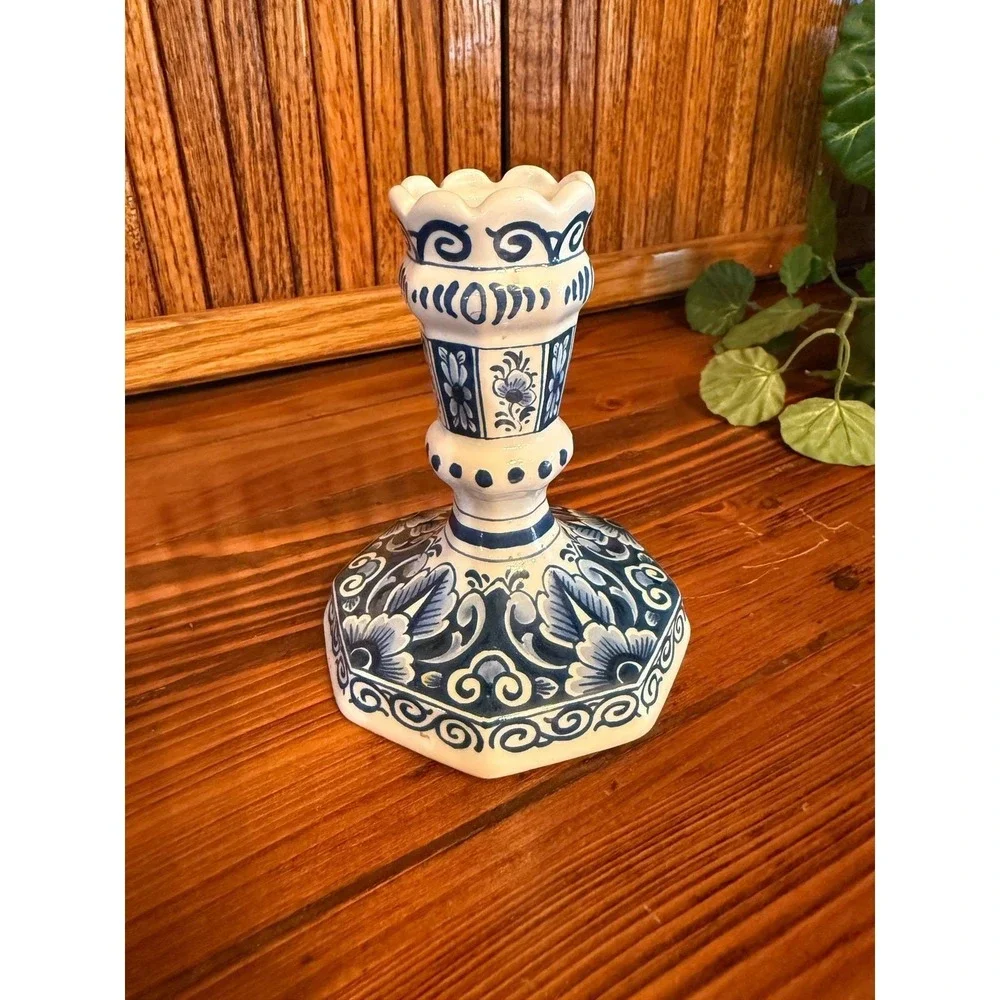Delft Candlestick Holder 5.25in Blue Excellent Hand Painted Floral 834/1